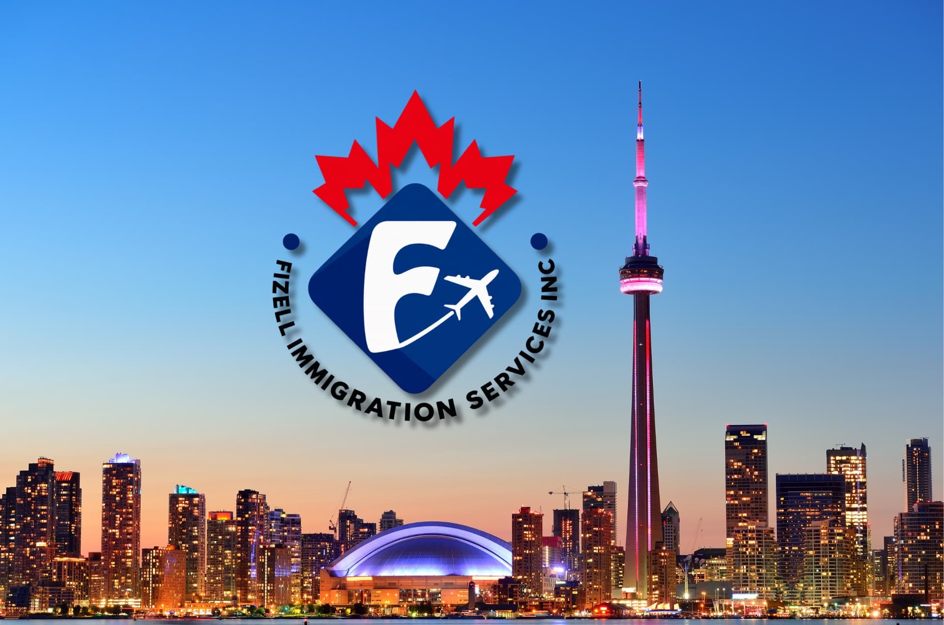 Fizell Immigration Services logo against the Toronto skyline